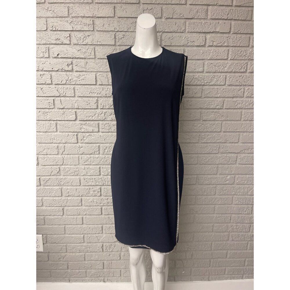 Joseph Ribkoff Women Navy Knit Sleeveless Overlay Rhinestone Trim Dress Size 6 - Picture 2 of 12